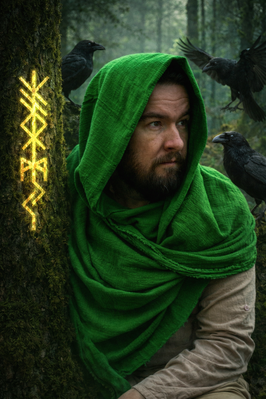 A man with a beard wearing a green hooded cloak sitting in a misty forest, surrounded by black crows perched on the trees and flying nearby.