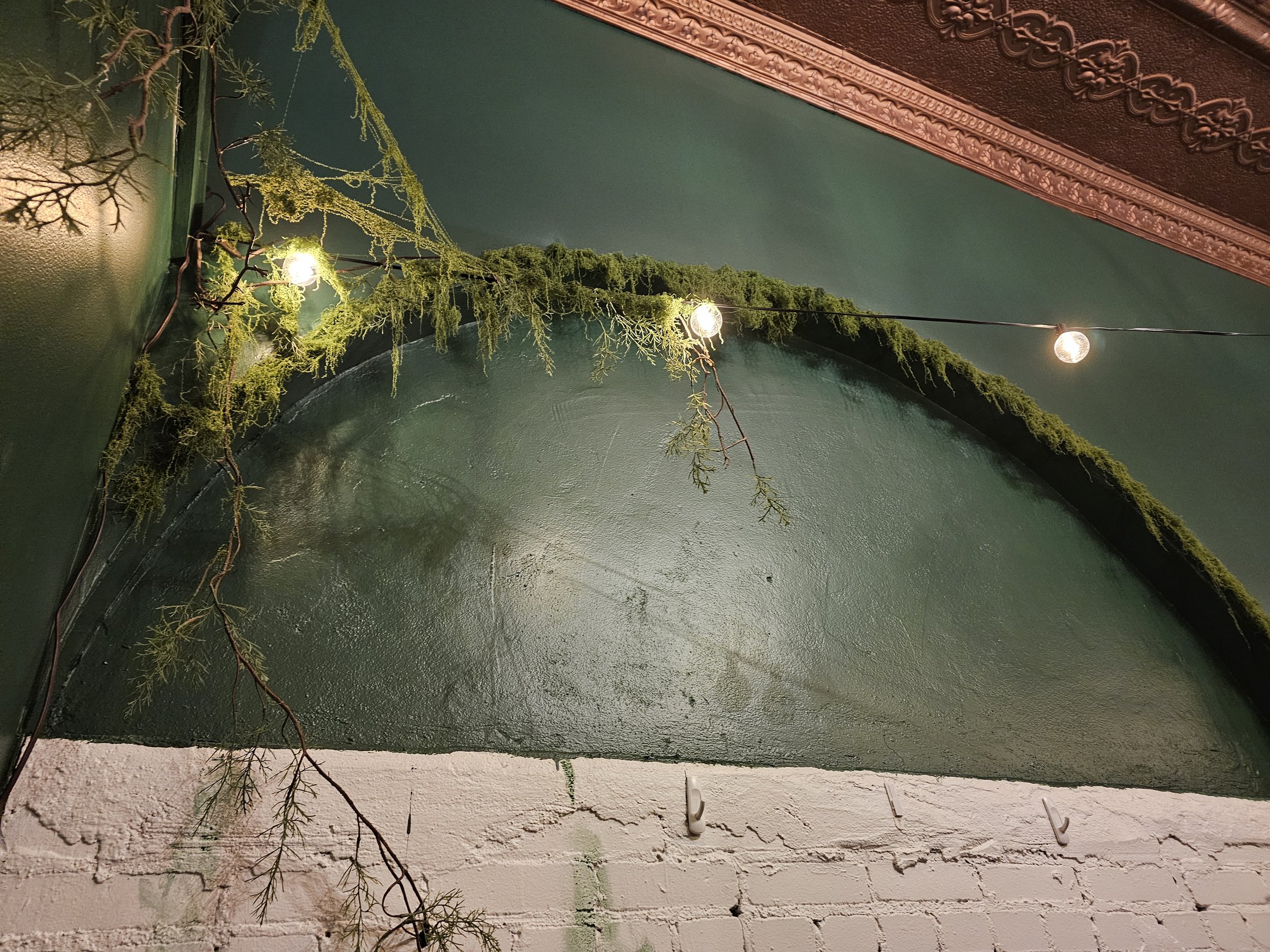 Decorative green wall with string lights and hanging moss