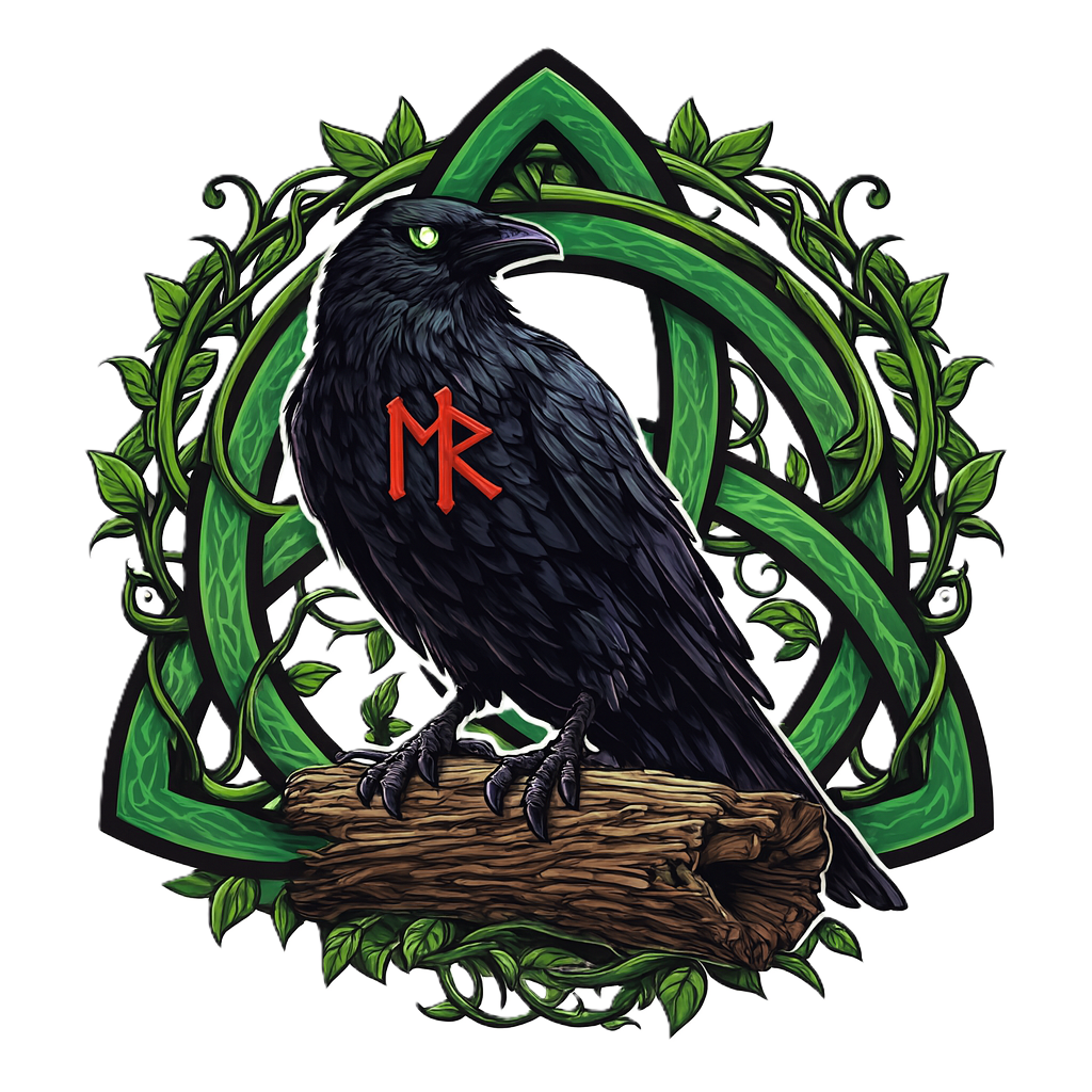 A dark illustration of a black raven with a red run and green eye, perched on a branch with green Celtic knot and vine background. ravens rest llc logo