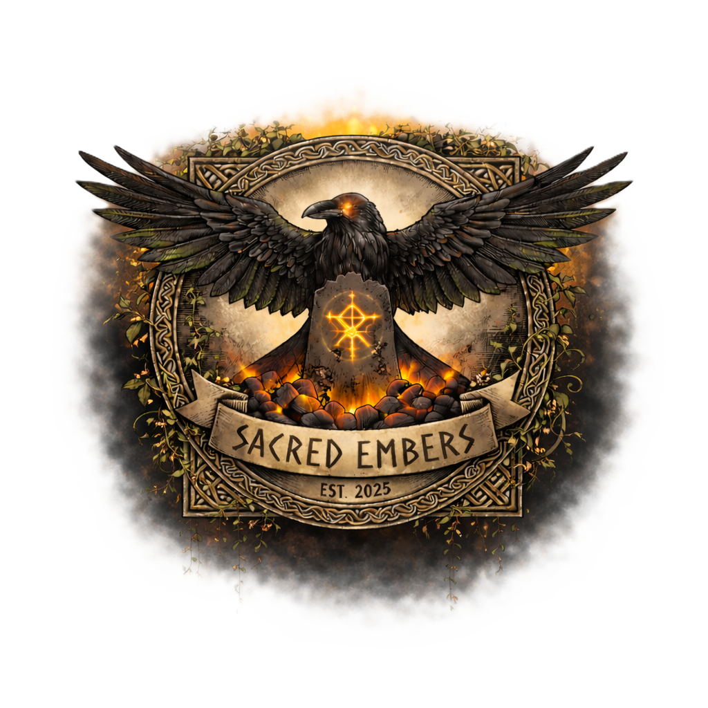 A black raven with glowing orange eyes, wings spread wide, in front of a circular Celtic knot border. The raven perches over glowing embers and a symbol emitting orange light. A banner beneath reads 'Sacred Embers' and 'Est. 2025', surrounded by vines and branches.