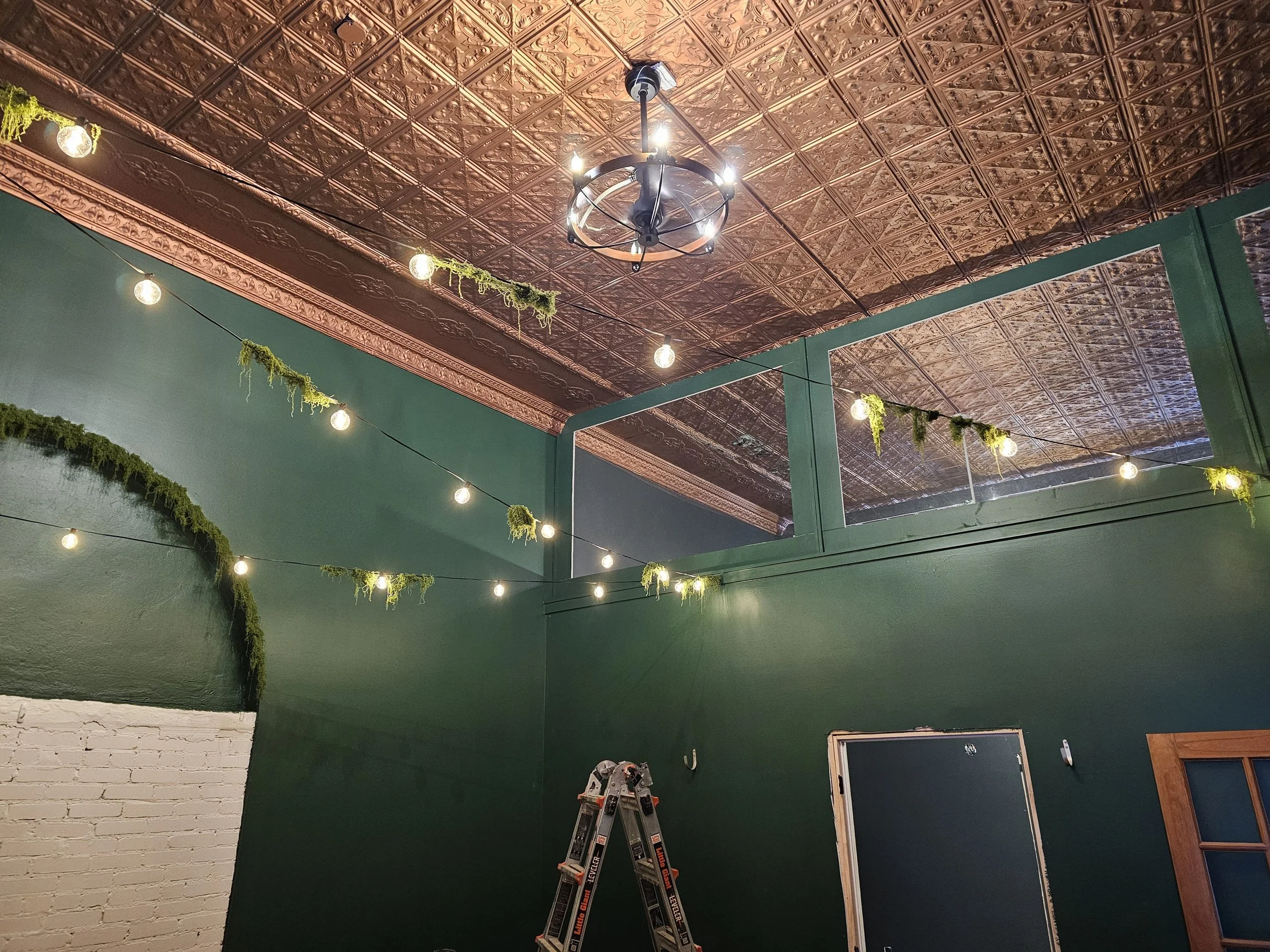 Interior of a room featuring a copper-colored decorative tin ceiling, dark green walls, hanging string lights with small bulbs and moss accents, a ladder, and a window.