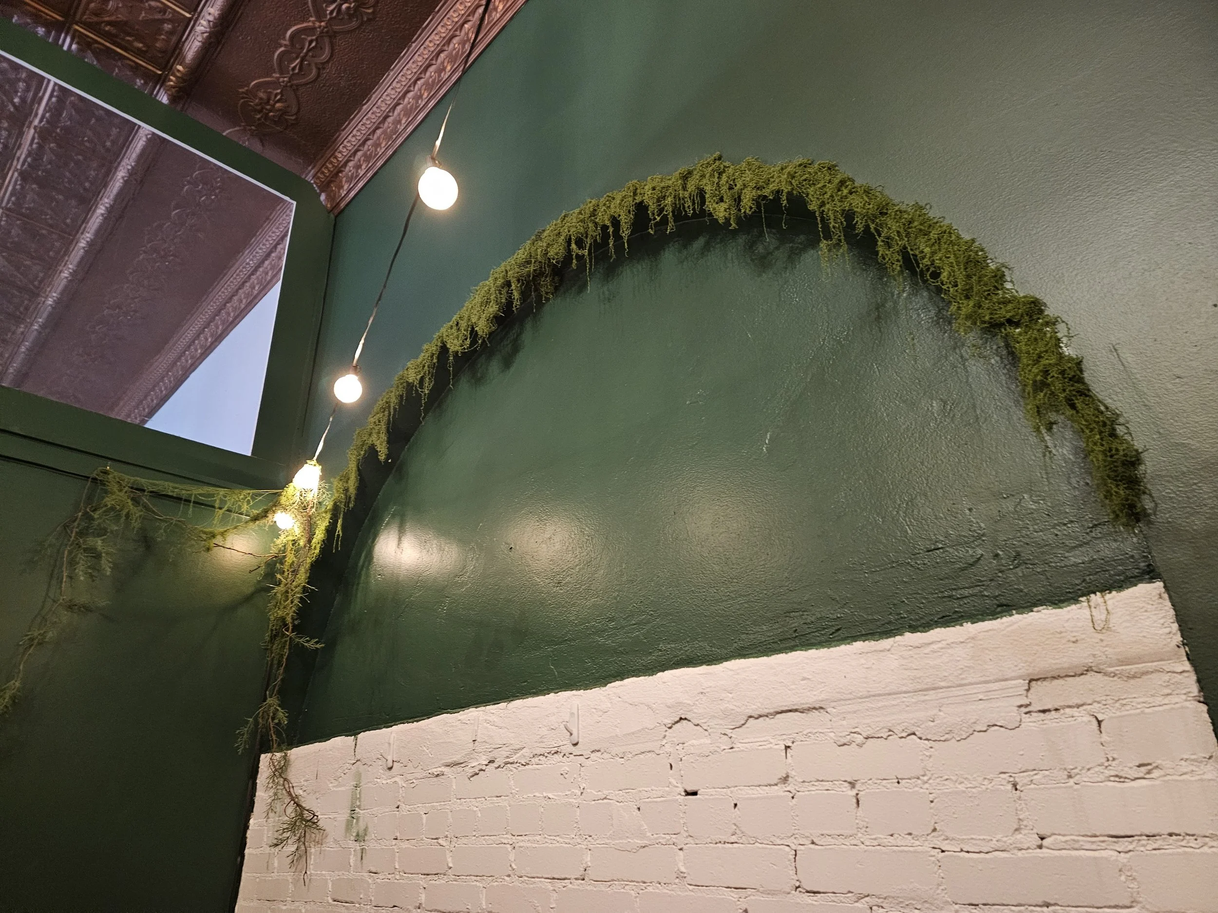 Interior of a room with a green wall, a white brick section, and decorative string lights. Green moss is hanging along the edge of a black ceiling fixture near the wall.