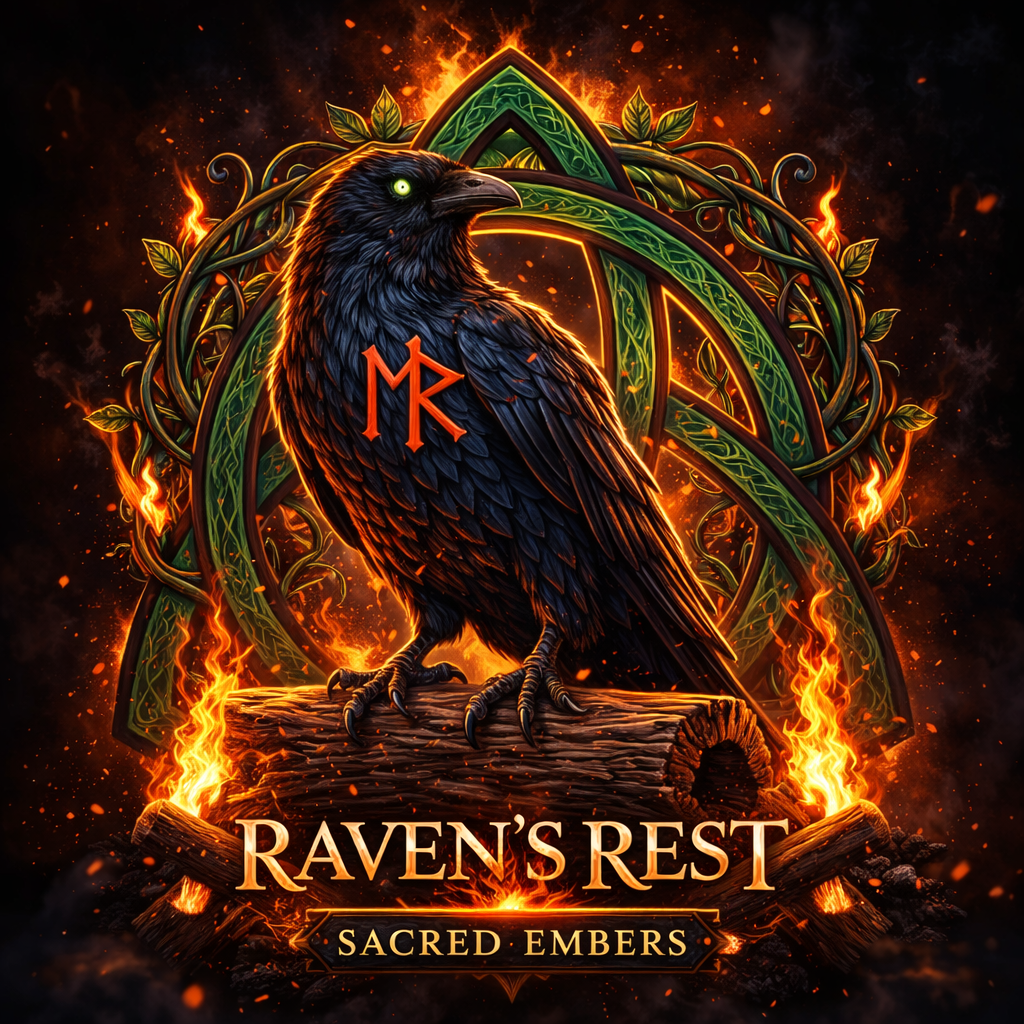 A detailed, digital artwork depicting a black raven with glowing eyes perched on a log, surrounded by fiery, glowing embers and green Celtic knot designs. The title 'Raven's Rest' and subtitle 'Sacred Embers' are displayed below the raven, with a rune-like symbol 'MR' on its wing.