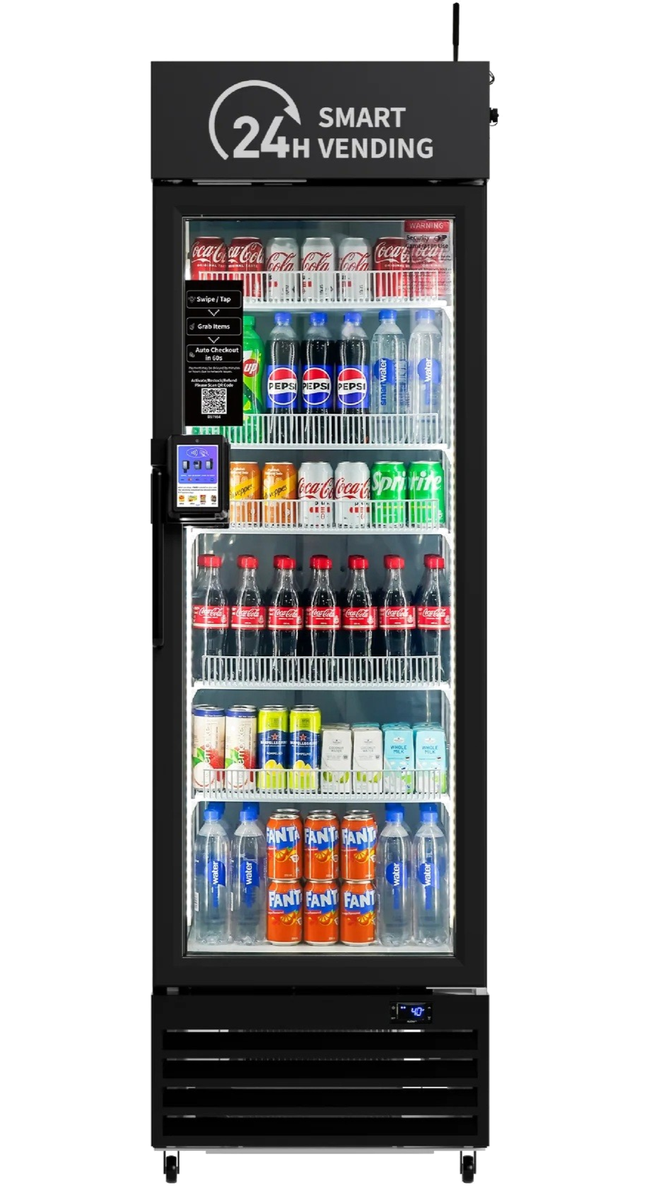 A smart cooler vending machine filled with soda and water bottles, with a sign above that reads '24H SMART VENDING'.