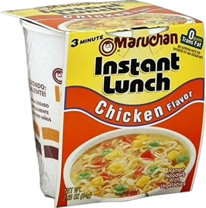 A cup of Maruchan Instant Lunch Chicken Flavor ramen noodles with vegetables, with a yellow and orange packaging design.