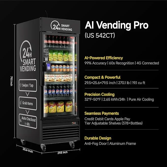 A black vending machine labeled 'AI Vending Pro' with a '24/7 Smart Vending' logo. It contains multiple rows of snacks and beverages, including cans, chips, Nutella jars, and bottled drinks. The machine features a digital interface and payment options for credit/debit cards and Apple Pay, with adjustable shelves. It measures approximately 29.5 x 25.6 x 79.5 inches.