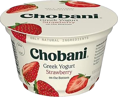 Chobani Greek Yogurt Strawberry flavor container with images of strawberries on the lid and side.