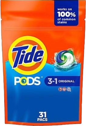 A package of Tide PODS laundry detergent with 31 pods, labeled as 3-in-1 original, orange and blue packaging, highlighting it works on 100% of common stains.