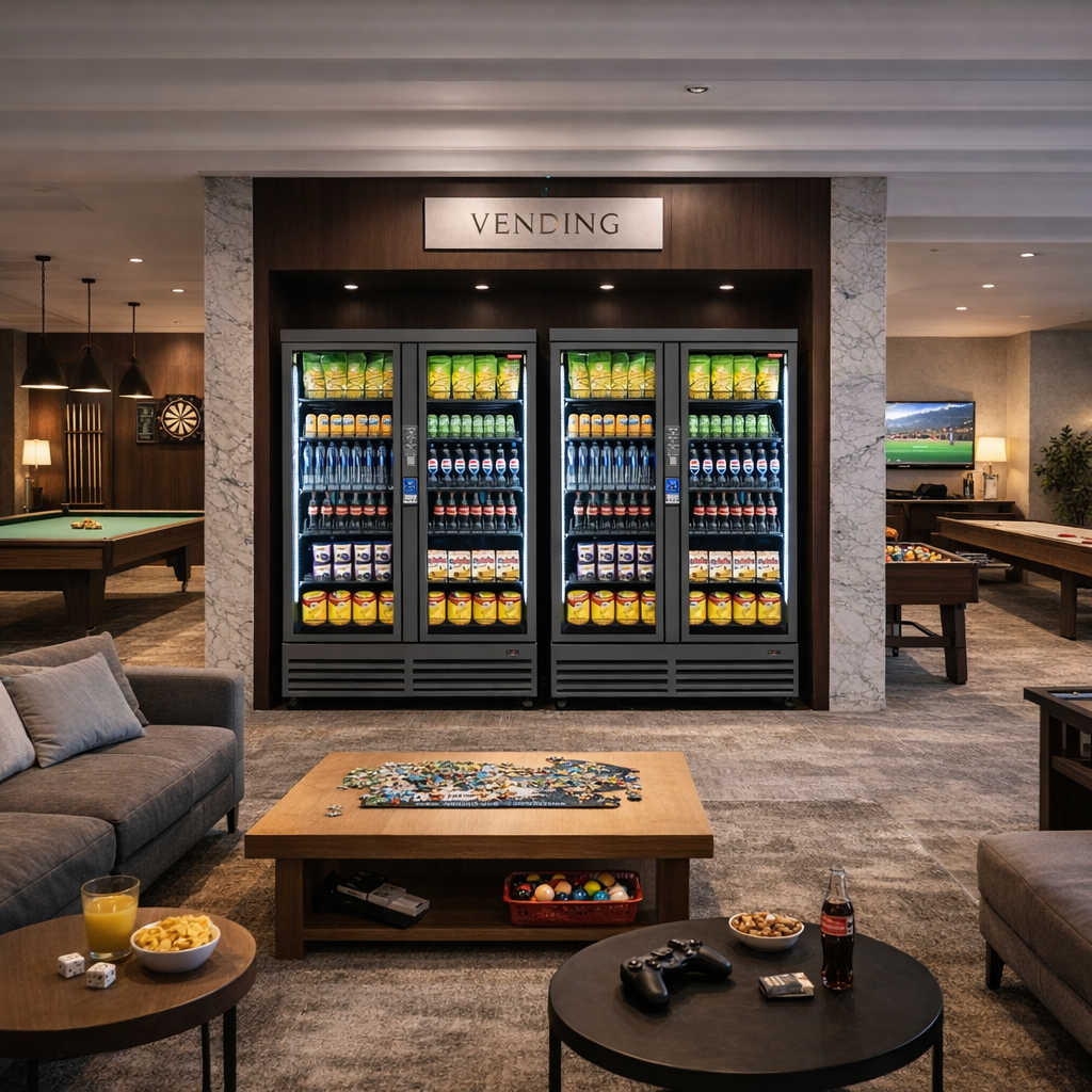 Three refrigerating vending machines in a lounge or game room, with various drinks inside. Surrounding furniture includes a pool table, a sofa, a coffee table with snacks and drinks, and a TVs for entertainment.