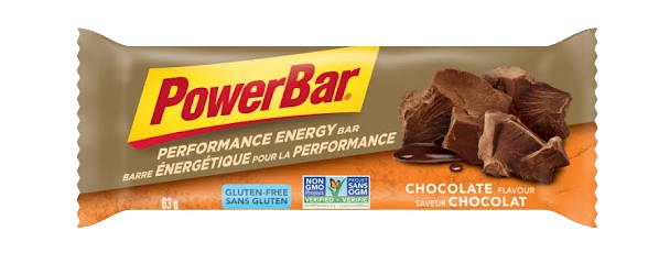 PowerBar performance energy bar with chocolate flavor, displayed in beige and orange packaging with images of chocolate pieces.