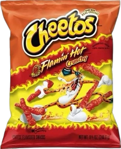 Cheetos Flamin' Hot Crunchy snacks bag with Chester Cheetah and flaming chili peppers on the packaging.
