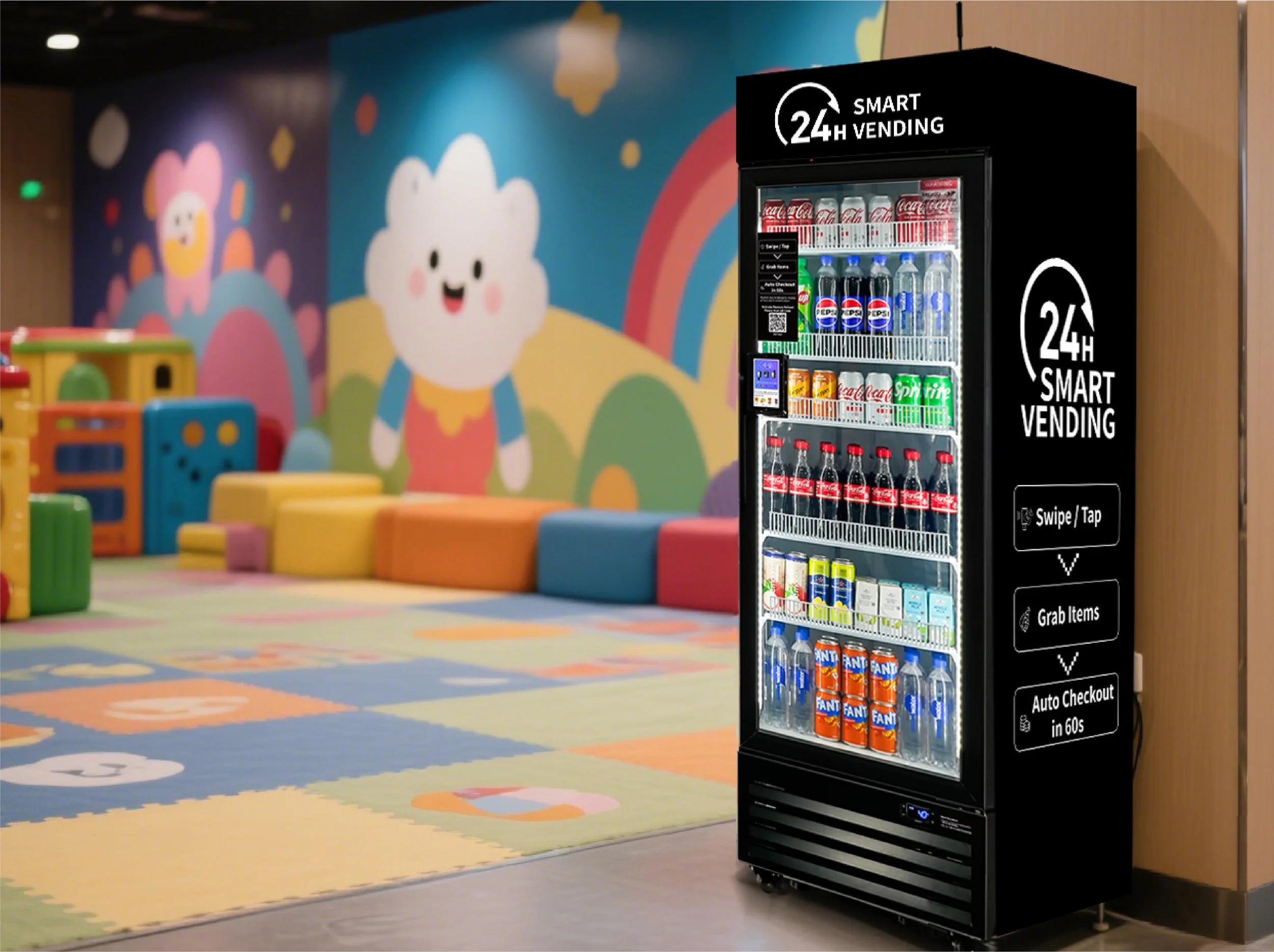 A smart cooler vending machine labeled '24H SMART VENDING' stocked with Coca-Cola, Sprite, Fanta, bottled water, and other beverages, placed in a colorful children's play area with rainbow-themed wall murals and soft foam play blocks.