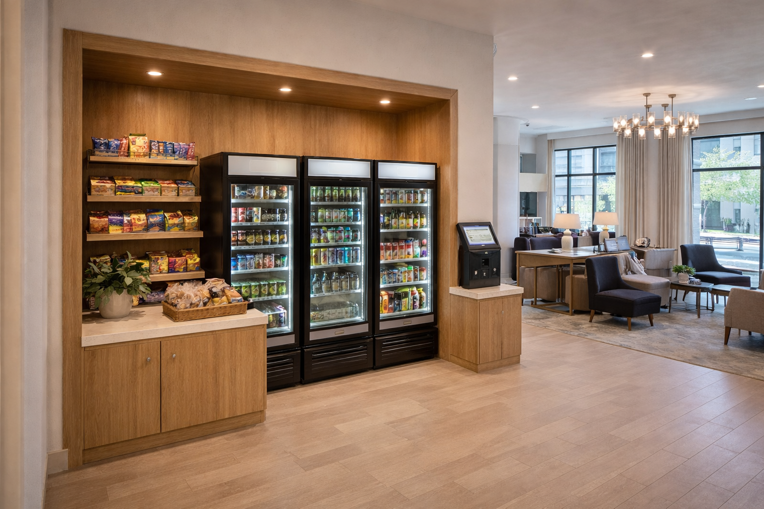 A hotel lobby sitting area with large windows, sofas, chairs, and a chandelier. In the foreground, there is a snack station with a refrigerator, shelf with snacks, and an automated check-in kiosk.