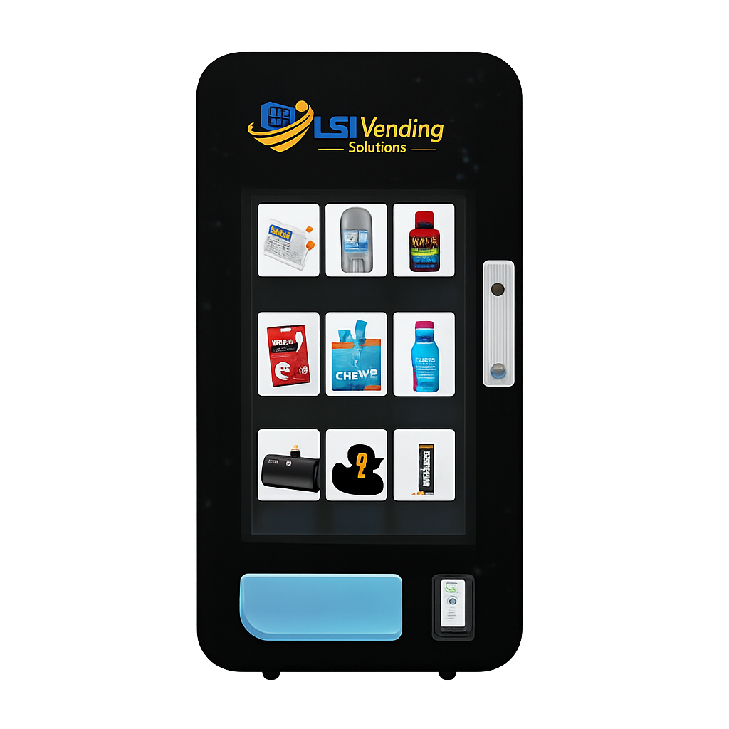 A Wall mounted vending machine with various snacks, drinks, and supplies, branded as LS Vending Solutions.