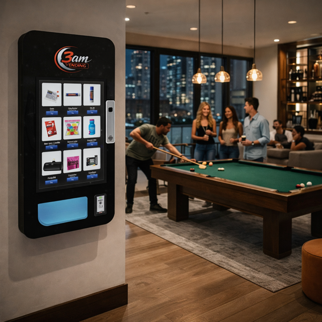 A modern indoor lounge with a pool table and five people socializing near large city windows. A vending machine with a digital screen is visible on the left side.