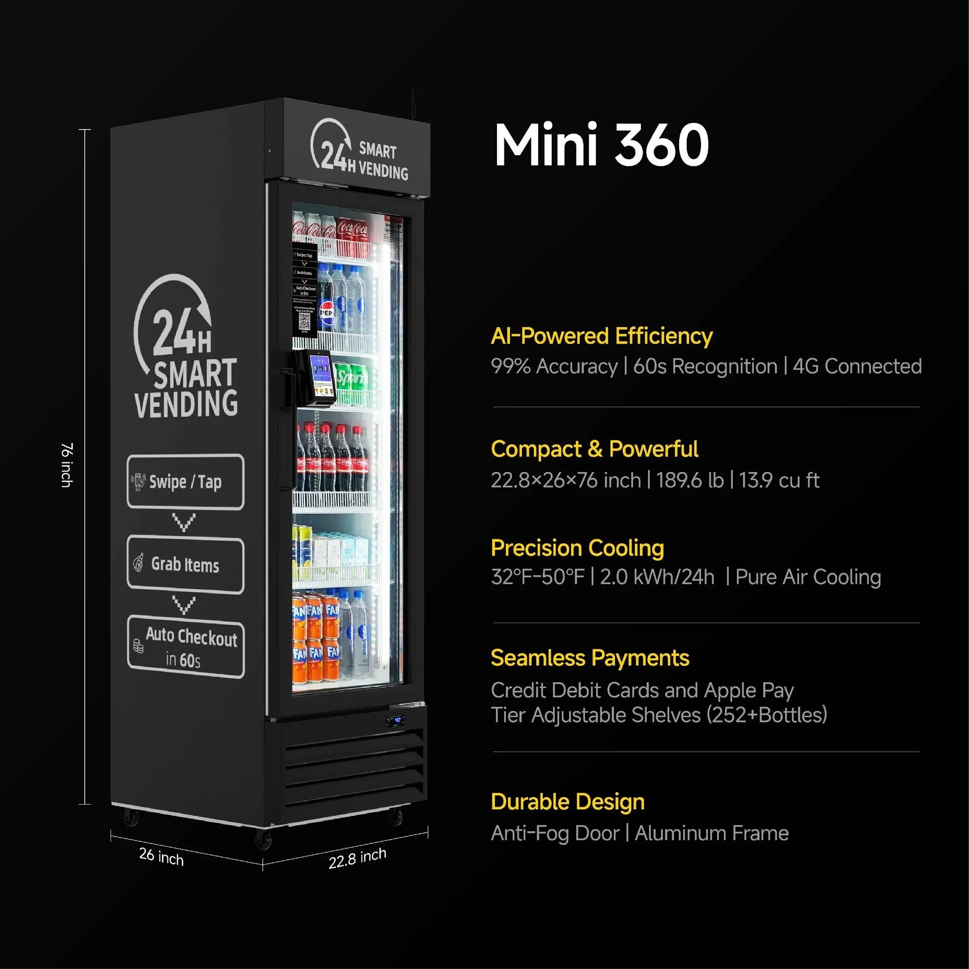 Black vending machine with digital payment options, stocked with drinks and snacks, labeled Mini 360, featuring AI-powered efficiency, compact design, precision cooling, seamless payments, and durable construction.