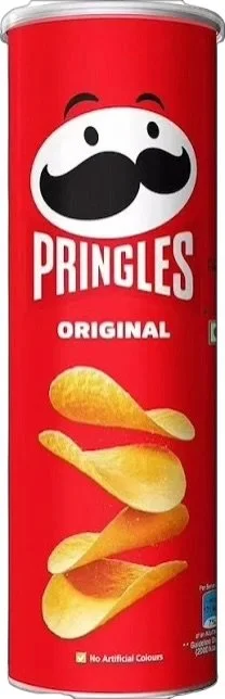 A can of Pringles Original potato chips with a cartoon face, mustache, and eyebrows on the label.