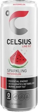 A can of Celsius Sparkling Watermelon flavored energy drink with watermelon imagery and branding.