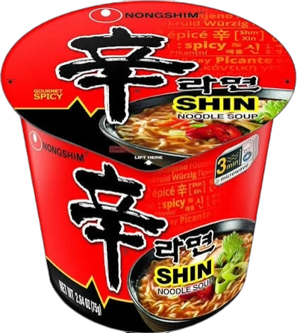 A cup of Nongshim Shin Noodle Soup with spicy flavor, red packaging, and a picture of noodles with vegetables on the label.