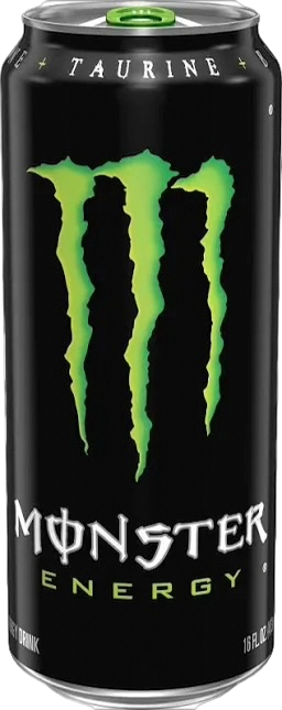 A can of Monster Energy drink with black background and green logo.