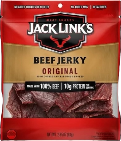 Package of Jack Link's original beef jerky with pieces of dried beef visible at the bottom.