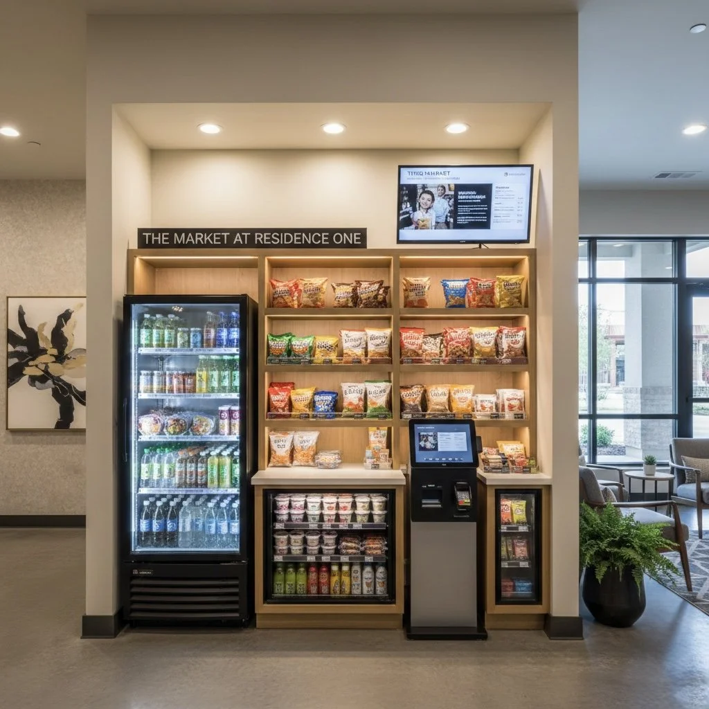 A Micro Market with snack vending machine and shelves with snack bags in a lobby area with seating and large window.