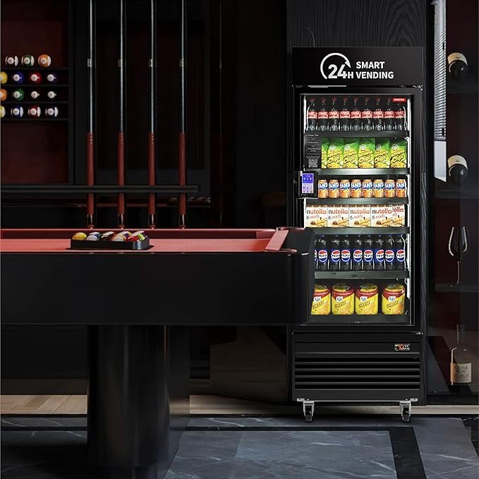 A smart cooler vending machine labeled 'Smart 24H Vending' stocked with snacks including Nutella, Fanta, and Pepsi bottles, in a lounge next to a pool table with pool balls.