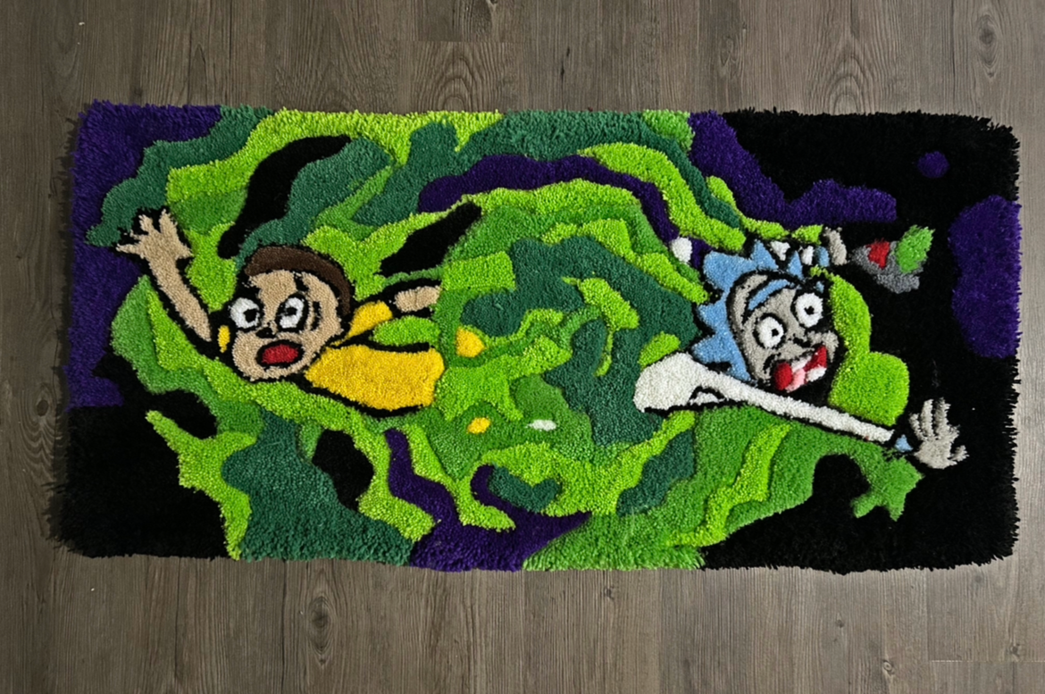 Colorful rug featuring characters Rick and Morty from the animated series, with both characters appearing surprised or scared, surrounded by abstract green and purple shapes.