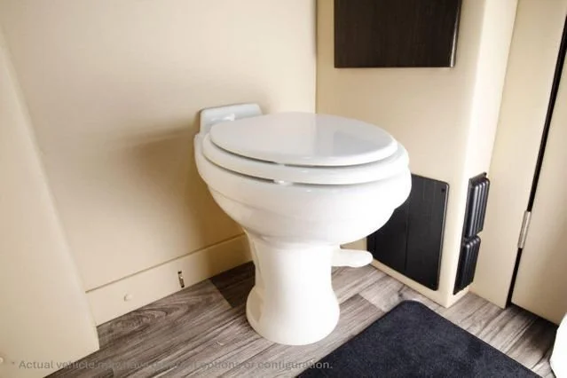 A white toilet with a closed lid in a bathroom corner next to a black wall cabinet and an open door, with a black rug on a wooden floor.