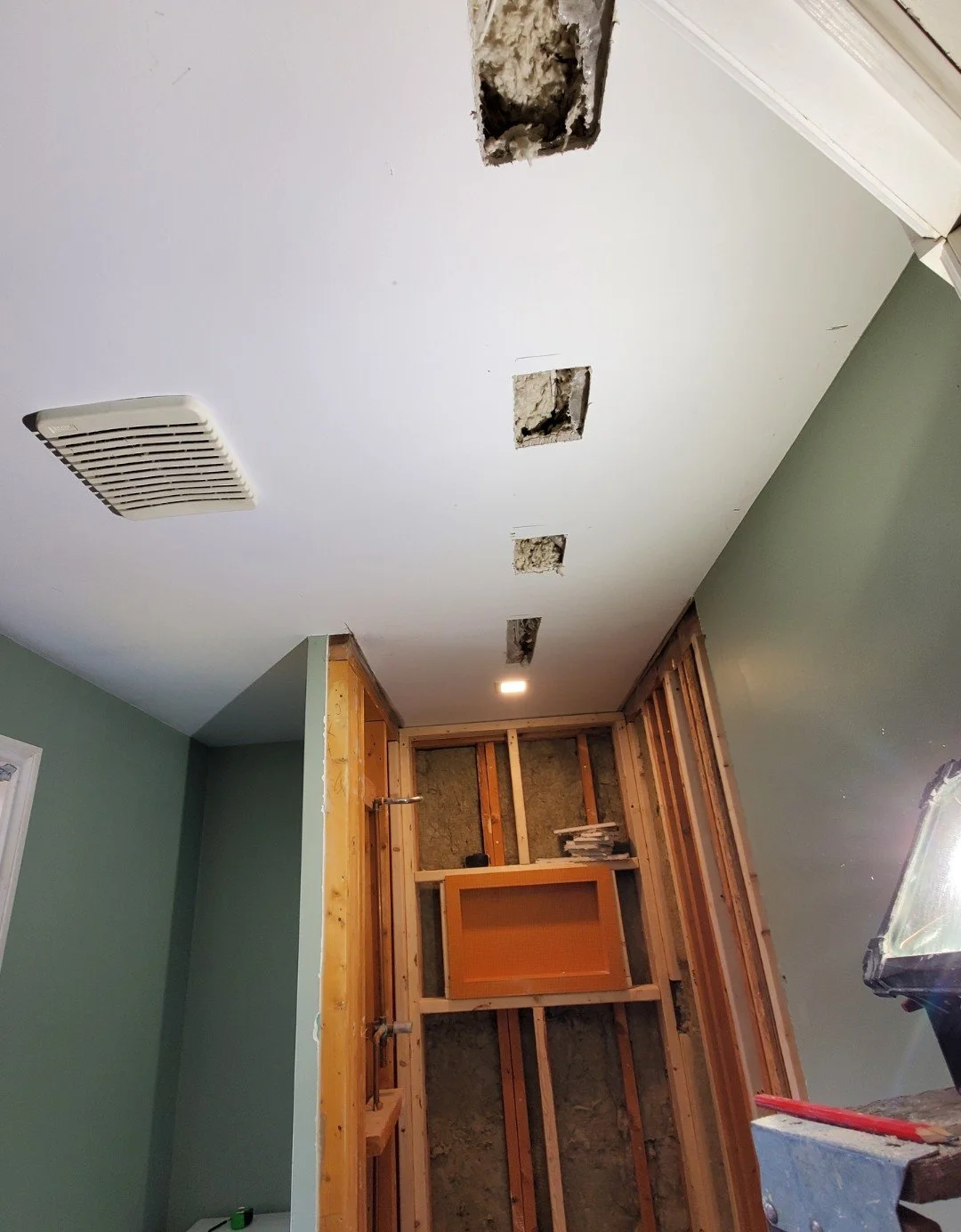 Ceiling with three rectangular cutouts, a vent, and a recessed light, in a room under renovation with exposed wood framing and green painted walls.