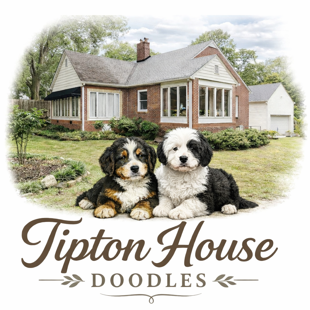 Two adorable puppies sitting on a lawn in front of a house with a garden and trees in the background.