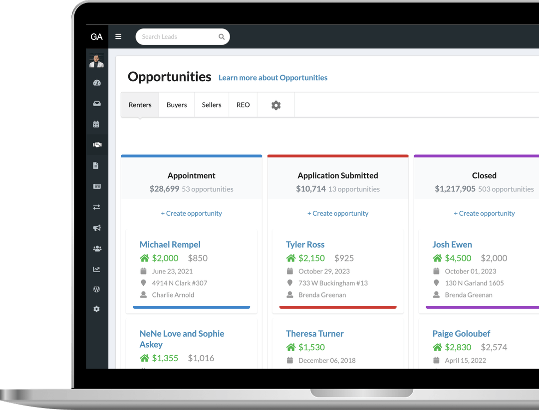 Property management dashboard showing opportunities for renters, including appointments, applications submitted, and closed deals, with details of client names, amounts, dates, addresses, and agents.