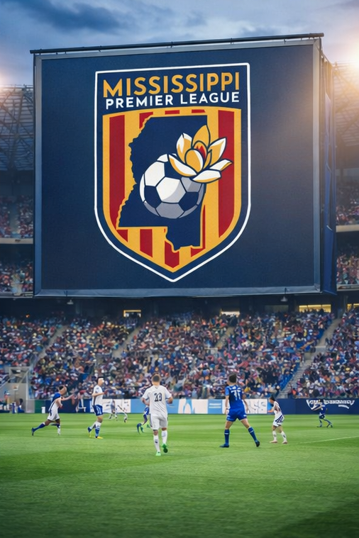 Large scoreboard displaying the Mississippi Premier League logo with a football and a plant inside a map of Mississippi, over a soccer game in a stadium filled with spectators.