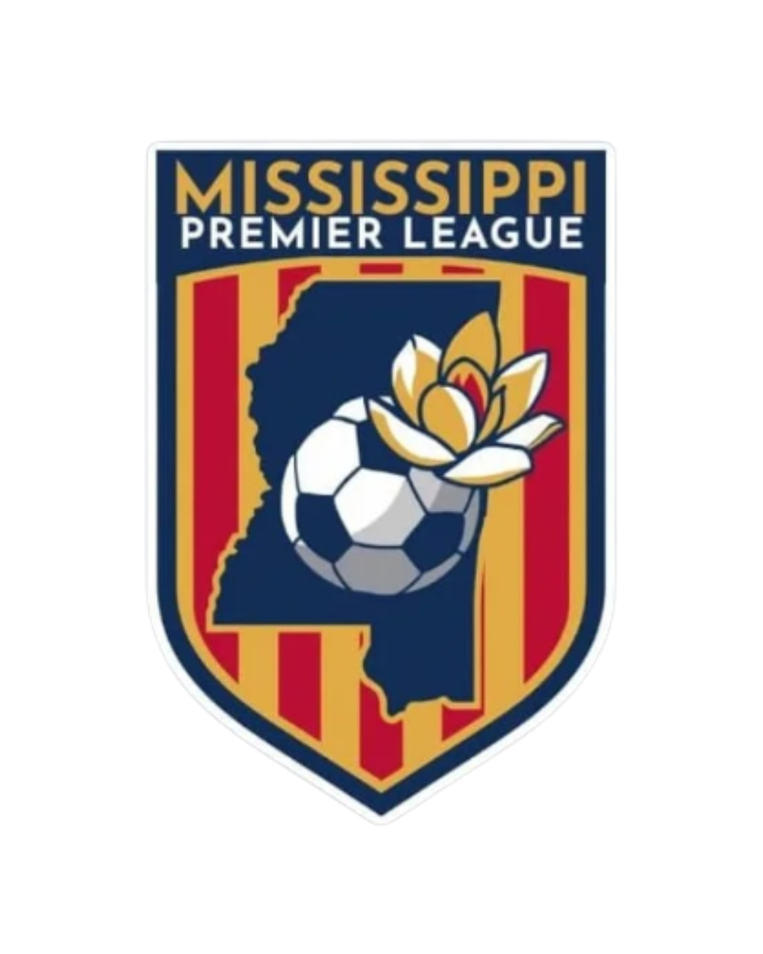 Mississippi Premier League soccer emblem with the state outlined in blue, featuring a soccer ball and a lotus flower, with the text 'Mississippi Premier League' at the top.