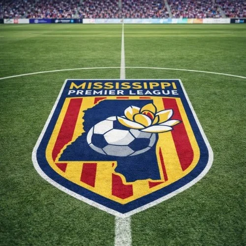 Mississippi Premier League logo painted on a football field with stadium and spectators in the background.