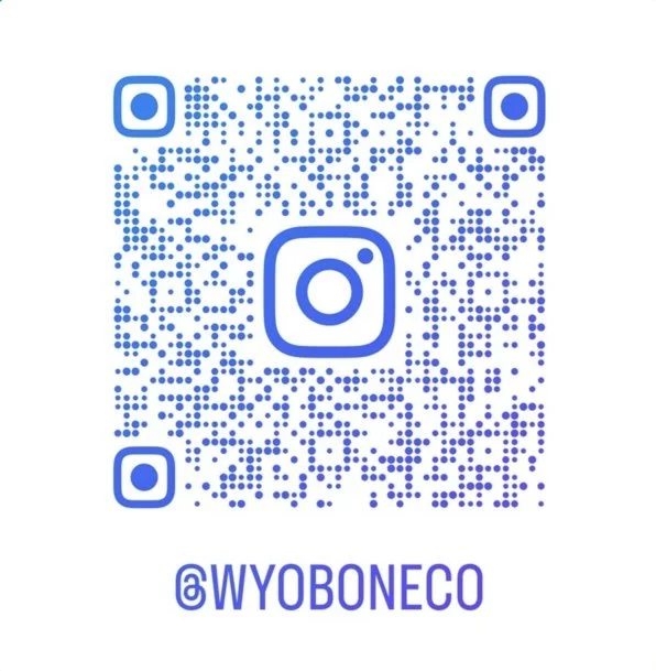 A blue Instagram QR code with the handle '@WYOBONECO' displayed below it.