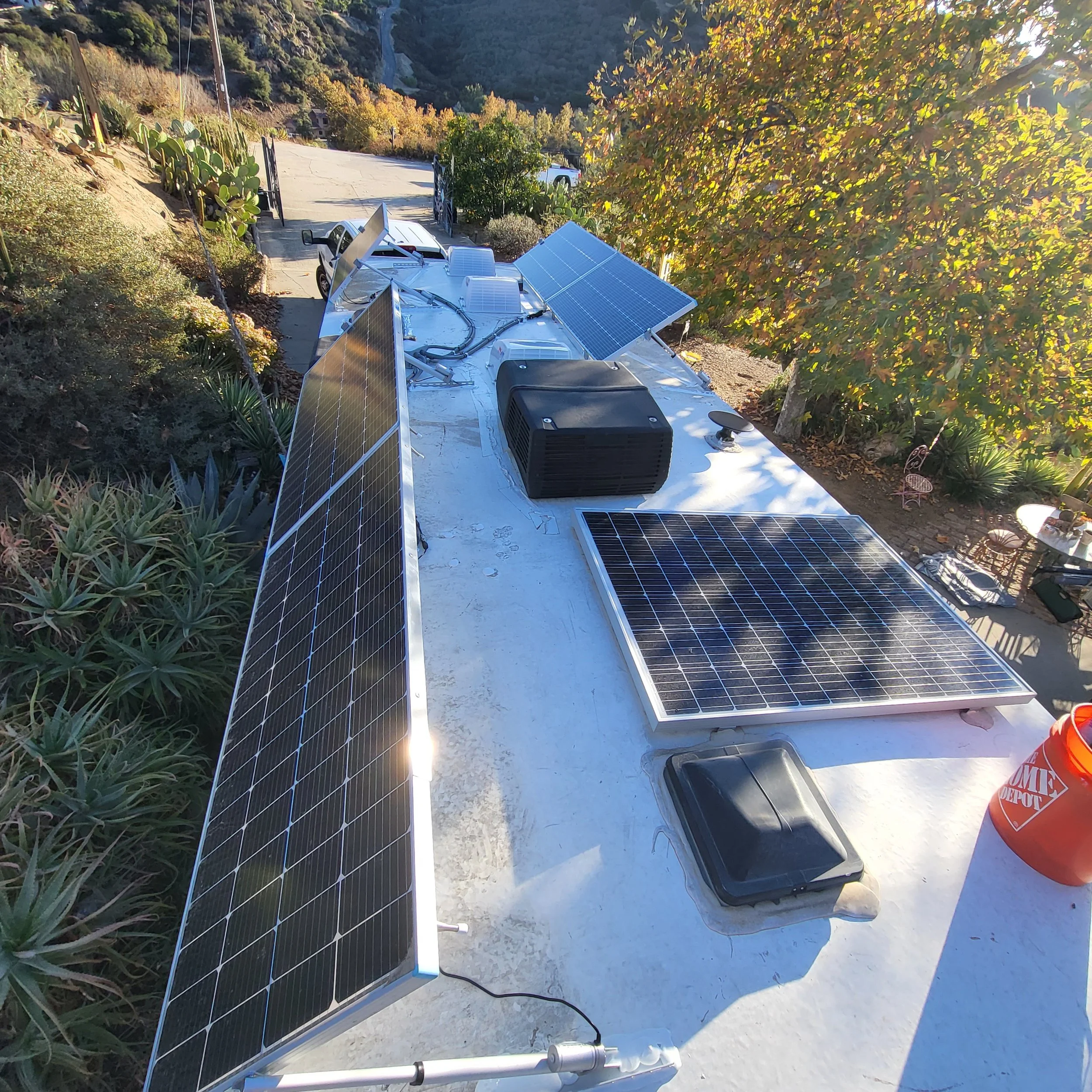 solar panels installed on the roof of a recreational vehicle, camper, or Travel Trailer