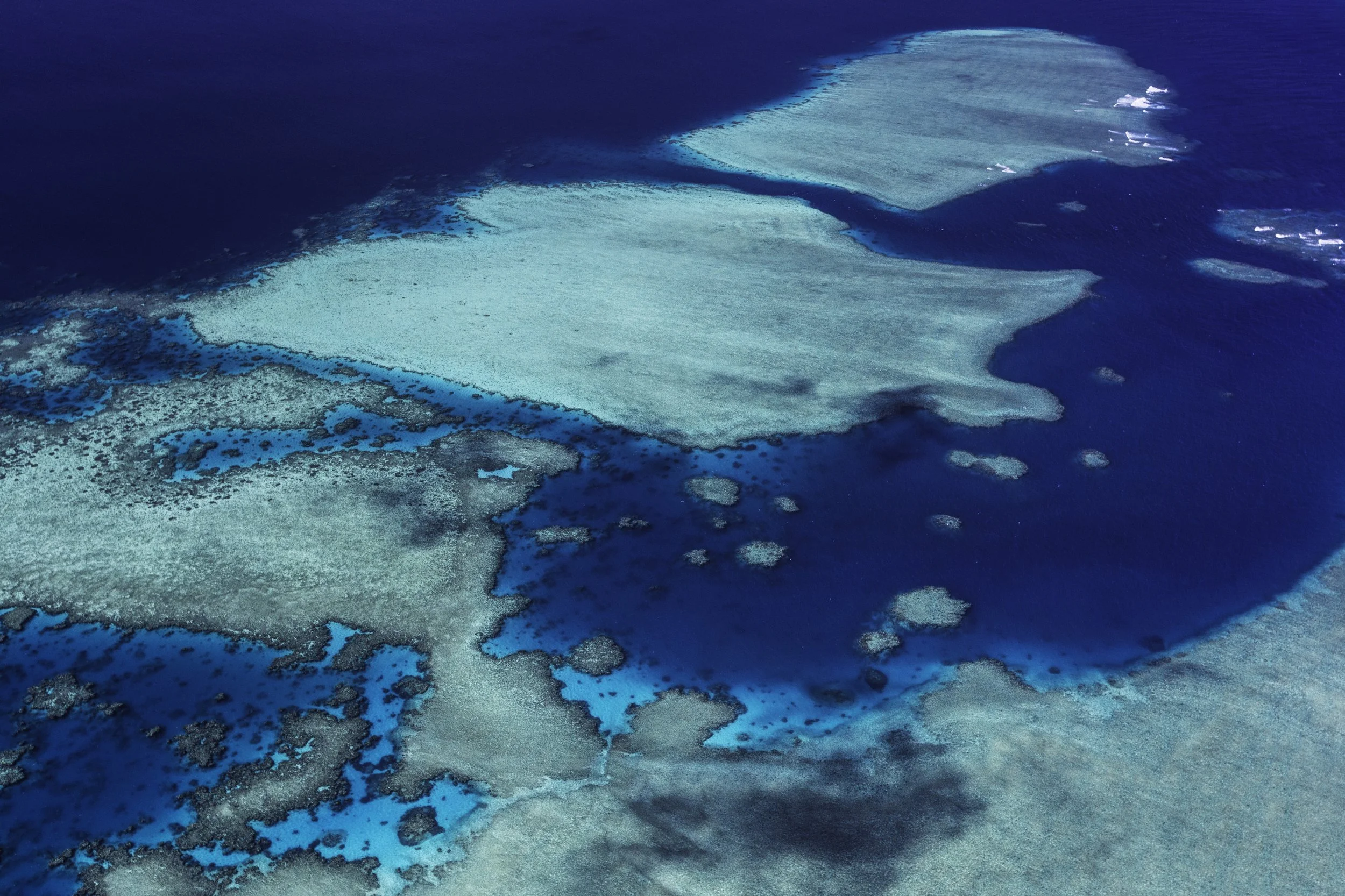 An aerial view of a coral reef and shallow ocean waters with various shades of blue and turquoise
