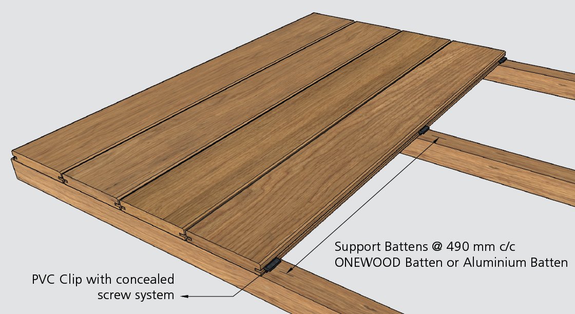 ONEWOOD Timber Deck with support battens spaced 490 mm apart and PVC clips with concealed screw system attaching wooden planks to the support structure.