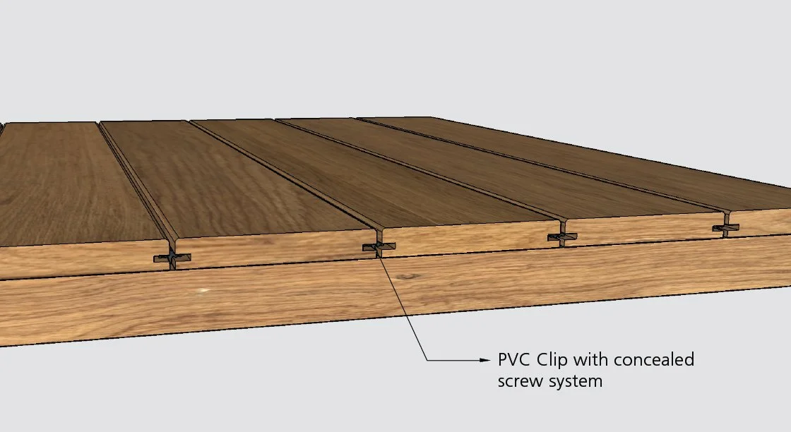 Close-up of a ONEWOOD Timber Deck with PVC clips and concealed screw system
