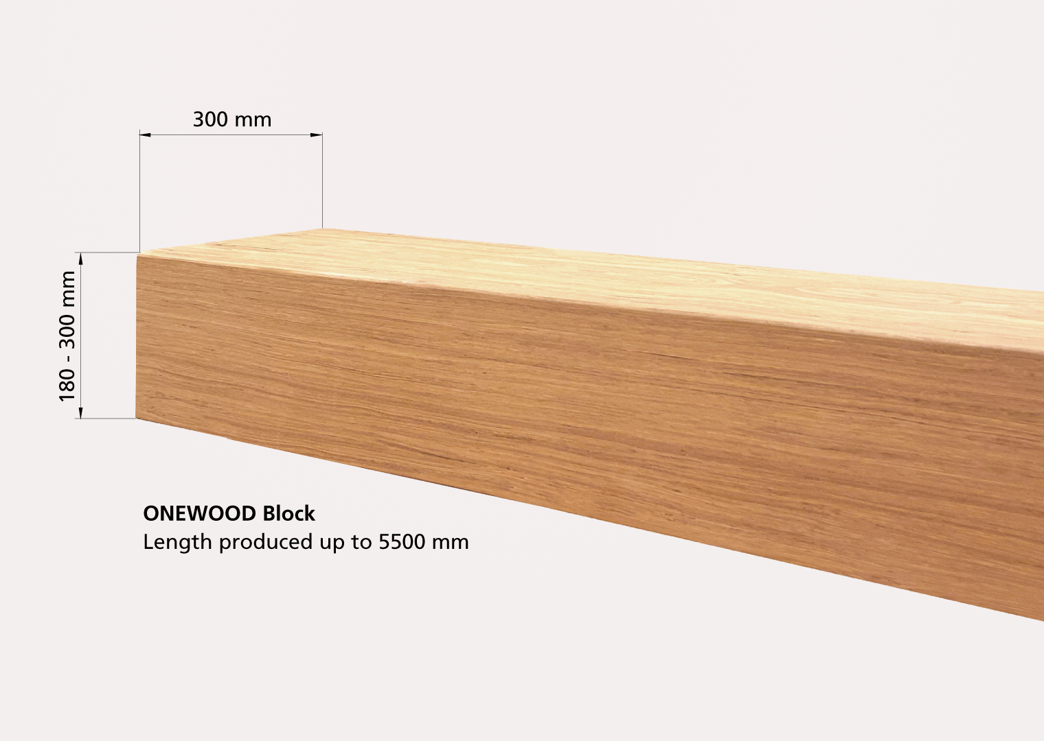 A wooden block labeled ONEWOOD with dimensions showing length up to 5500 millimeters, height between 180 and 300 millimeters, and width of 300 millimeters.