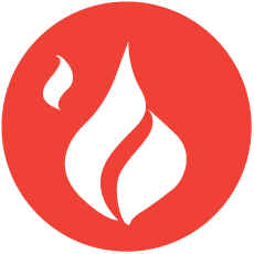 Red circle with a white flame logo.