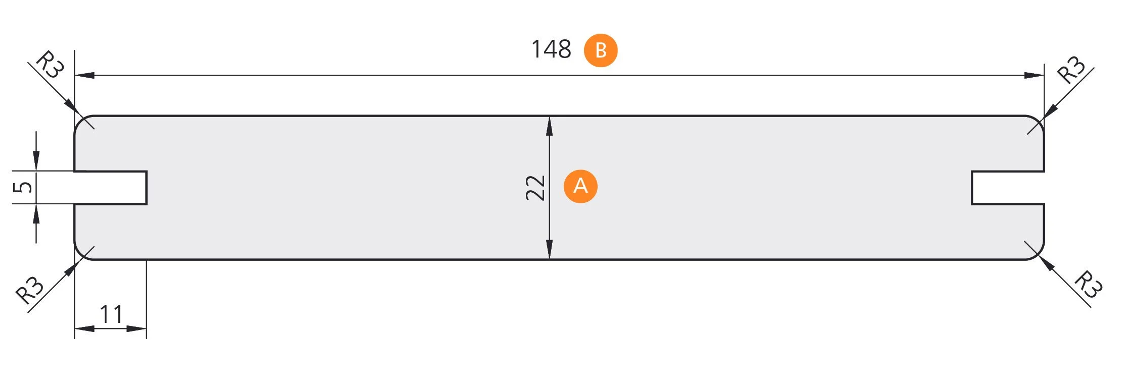 ONEWOOD Timber Deck Technical drawing of a metal part with dimensions, including a central rectangle measuring 22 units in height and 148 units in length, with rounded edges and various cutouts and indentations marked with measurements and radii.