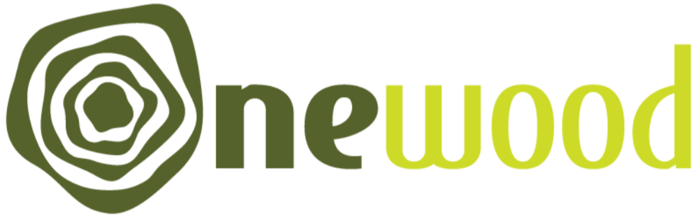 Logo with stylized tree or wood pattern and the text "newood" in green.