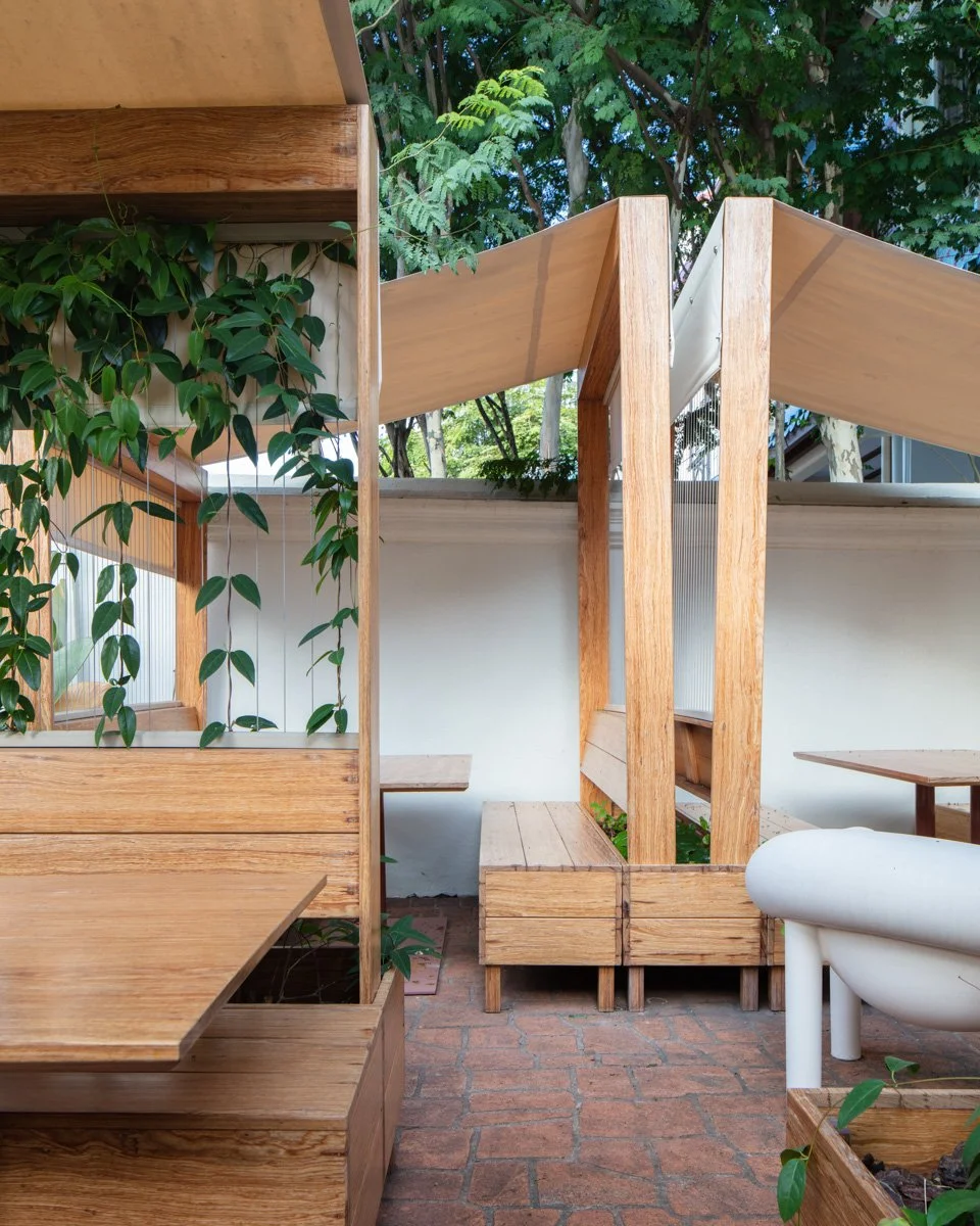Onewood Timber Bench and Tables at Outdoor Patio