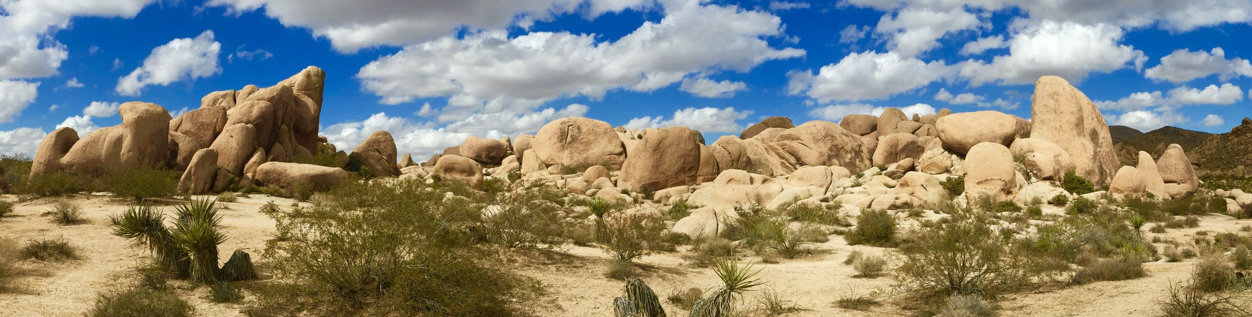 Desert landscape with large rock formations, sparse vegetation, and a partly cloudy blue sky.