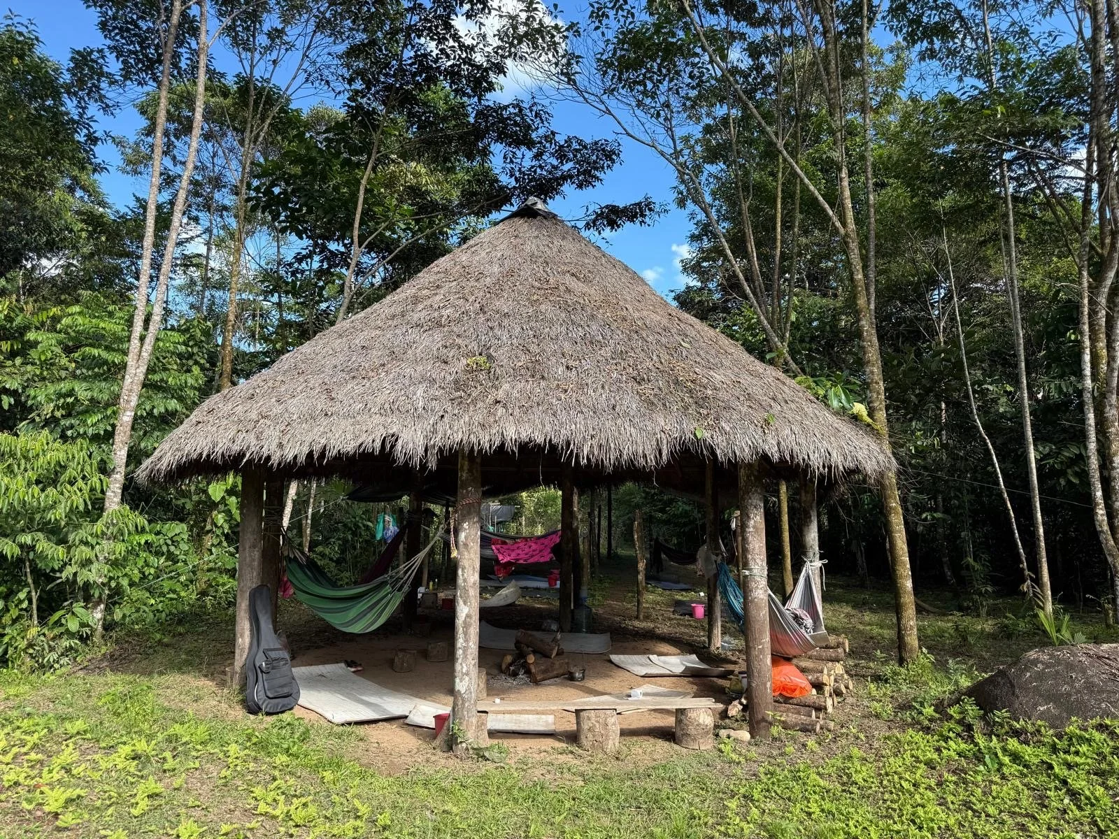 A small open-sided hut with a thatched roof in a forested area, with hammocks hanging inside and logs around the perimeter.