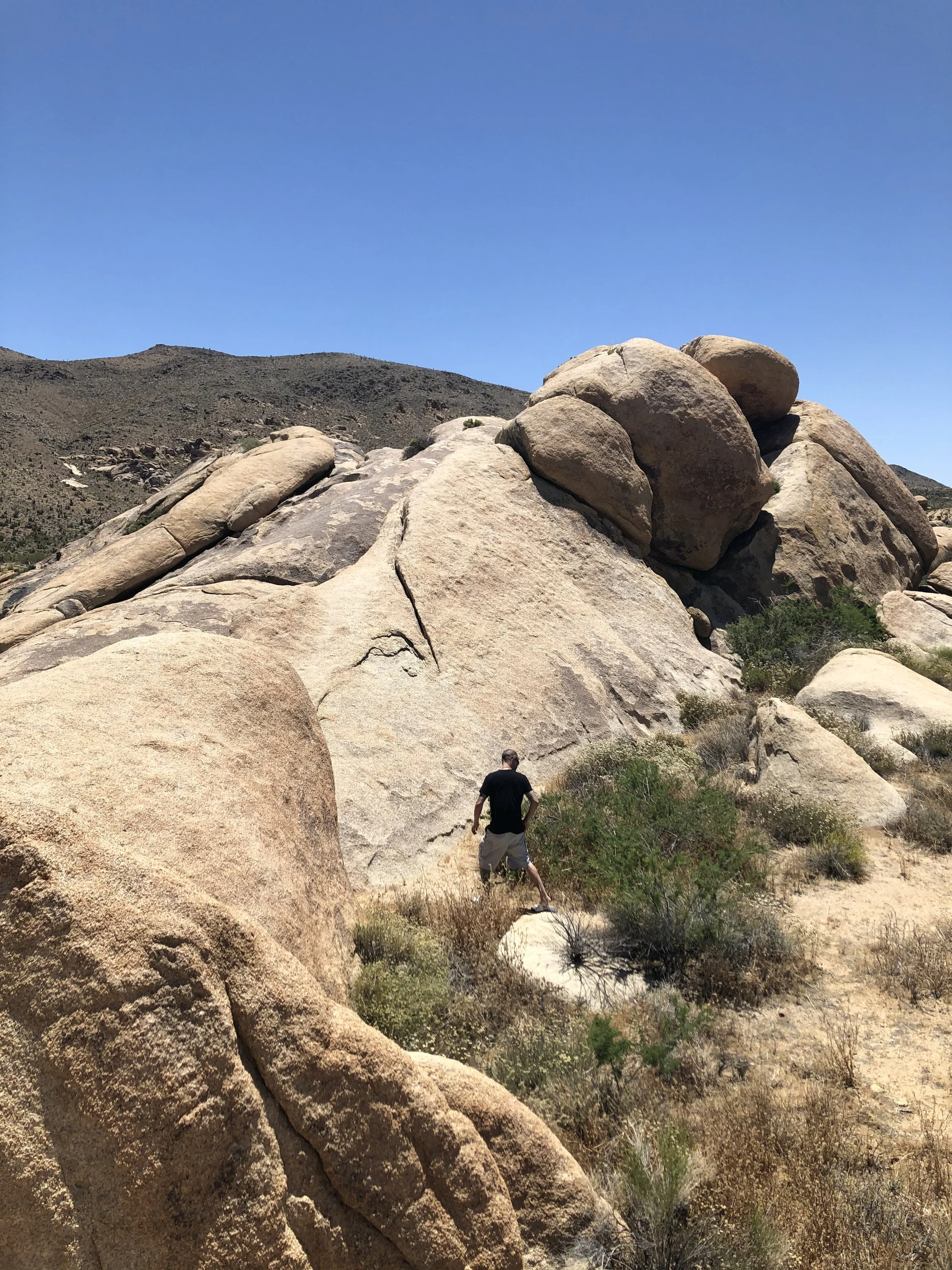A person hiking in a desert landscape with large granite boulders and sparse vegetation under a clear blue sky.