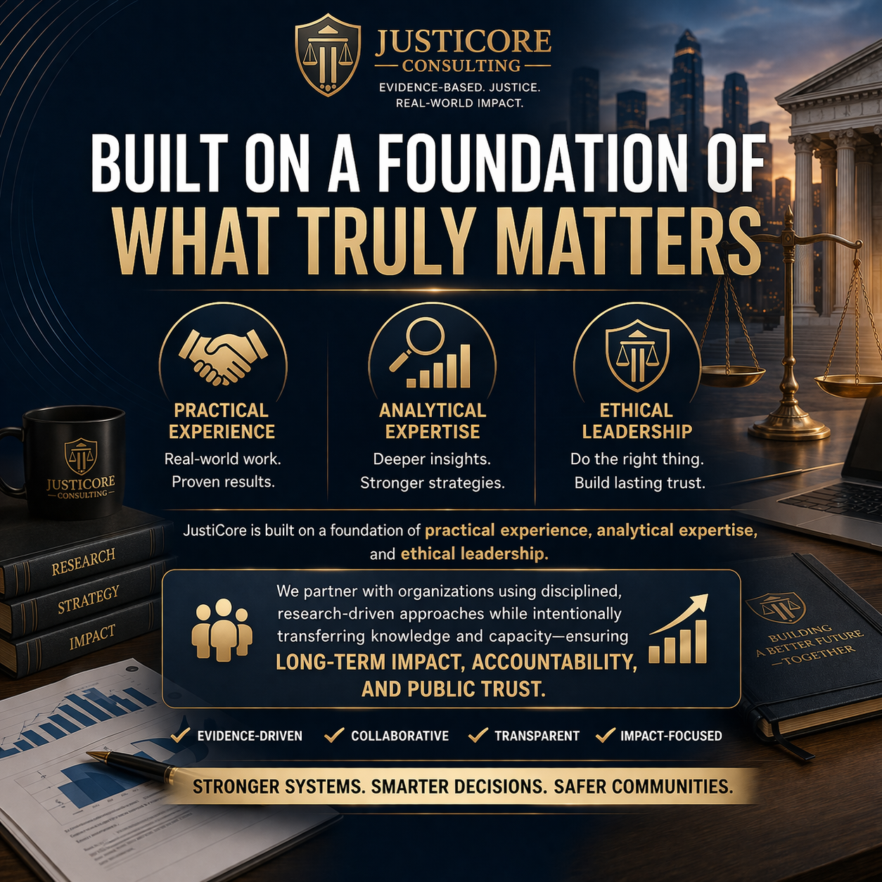 A promotional infographic for JusticeCore Consulting highlighting their foundation built on practical experience, analytical expertise, and ethical leadership. The background features a city skyline at dusk, a courtroom scale, and legal-themed items like a mug, books, and a notepad with charts and a pen.