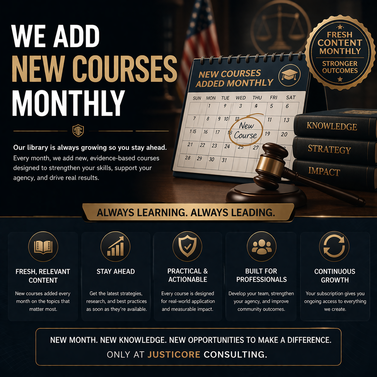 An advertisement for a consulting company announcing new courses added monthly, featuring a calendar with a new course marked, a gavel, books labeled Knowledge, Strategy, Impact, a badge indicating fresh content, and icons describing content, staying ahead, practical application, professional focus, and growth.